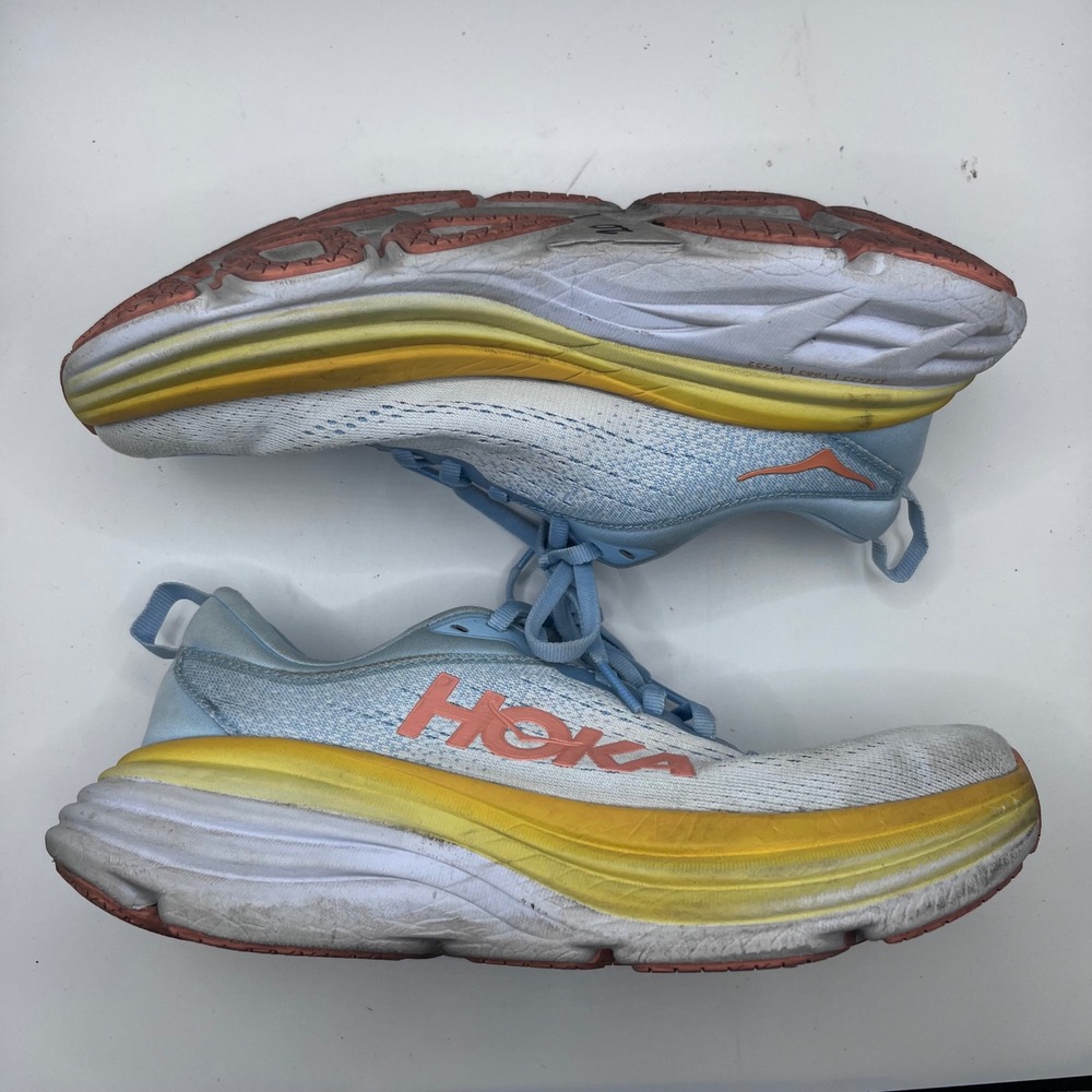 Hoka Bondi 8 Running Shoes Womens 6.5 Blue‎ White Yellow Maximalist Sneakers